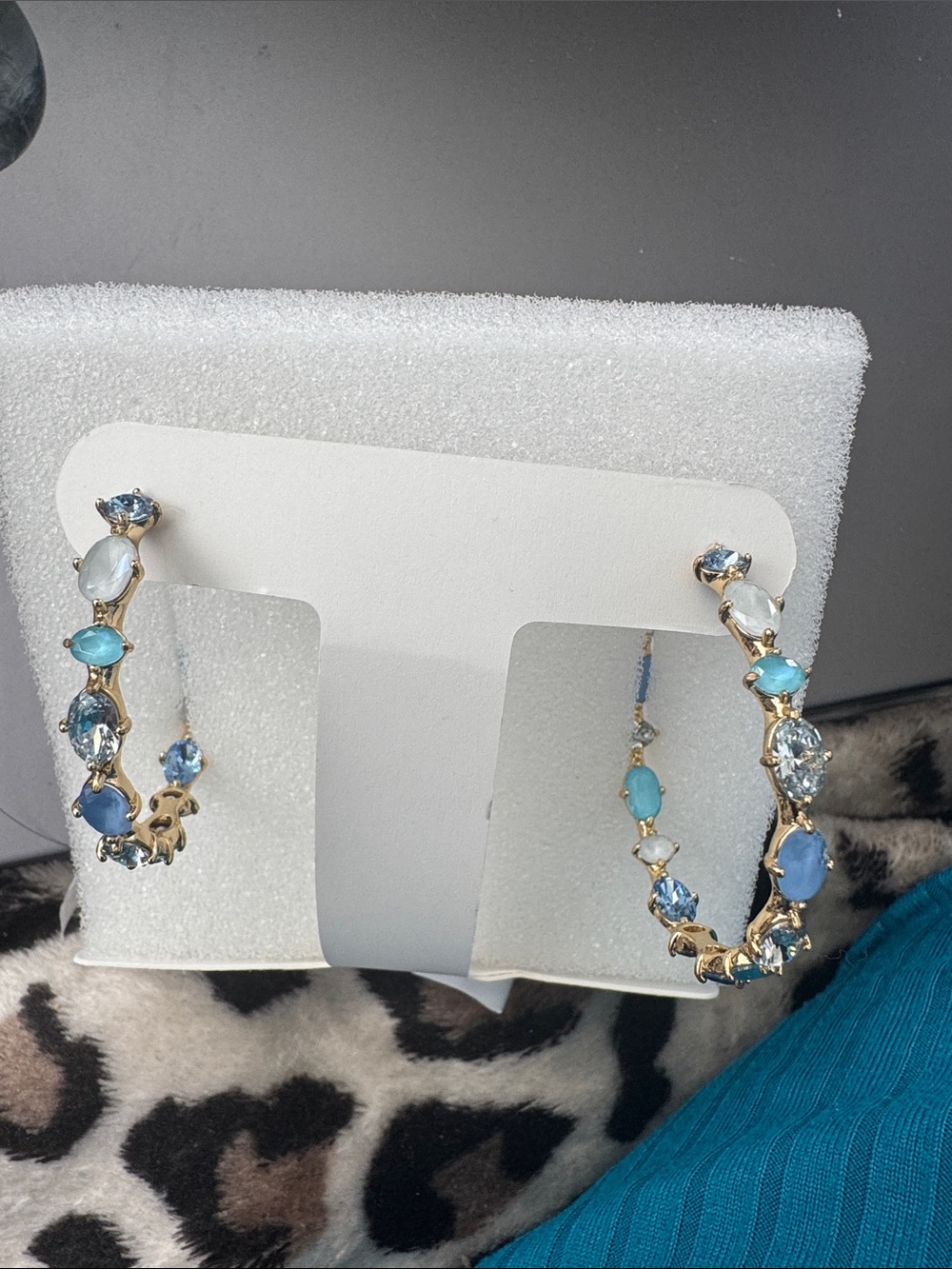 bp Gold-Tone Hoop Earrings with Blue and Aqua Stones